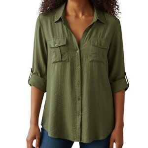 ROZ & ALI Olive Green 3/4 Sleeves Button Down Top with Pockets - Size Large